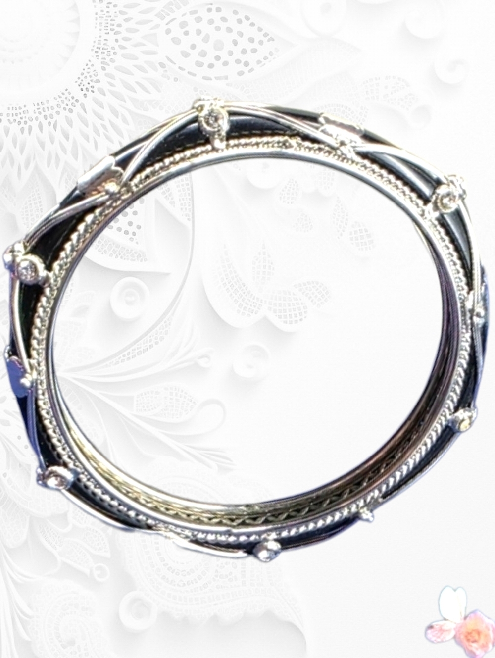 Octagon Rhinestone Bangle Bracelet Black Silver Tone Size 8 Statement